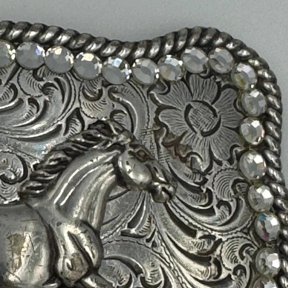 Western Horse Belt Buckle Silver Tone‎ Floral Engraved Rhinestone Border Rodeo